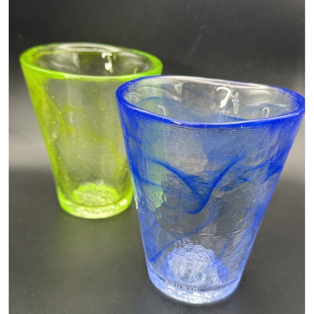Set 2 Kosta Boda MINE Swirl Tumbler Blue & Lime Green Ulrica Hydman Vallien Tags